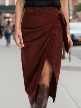 Commense Brown Wrap Midi Skirt with Side Knot